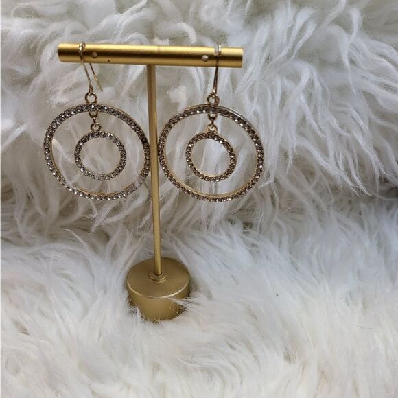 Gold & rhinestone double circle drop earrings - Picture 1 of 2